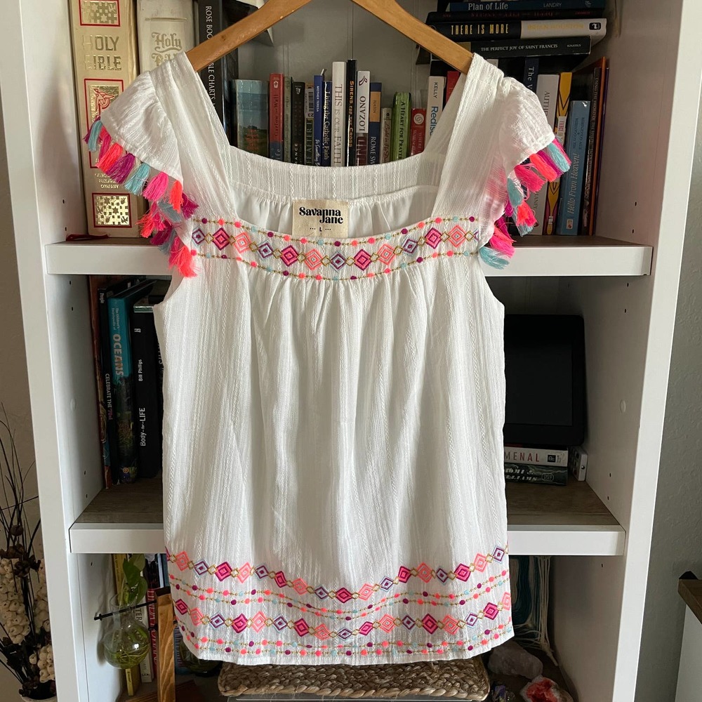 SAVANNA JANE NEON BOHO FRINGE SHIRT SIZE L